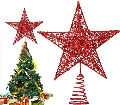 Glitter julgran spets stjärna, julgransspetsprydnad, julgransspets stjärna, julgransspets i guld, för jul familj festliga dekorationer, röd