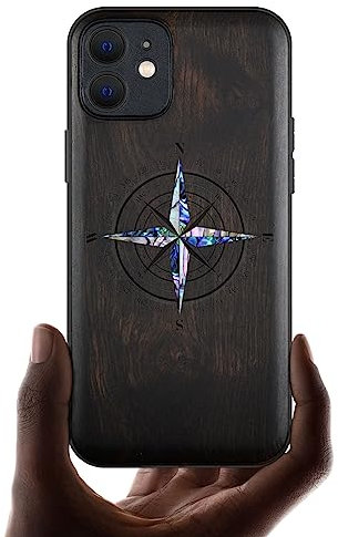 Carveit Coque magnétique pour iPhone 12 Étui de Protection TPU Coque [Gravure en Bois et Incrustation de Coquille] Compatible avec 12 Magsafe Artistique Coque (Bois Sombre-Boussole Coquille)