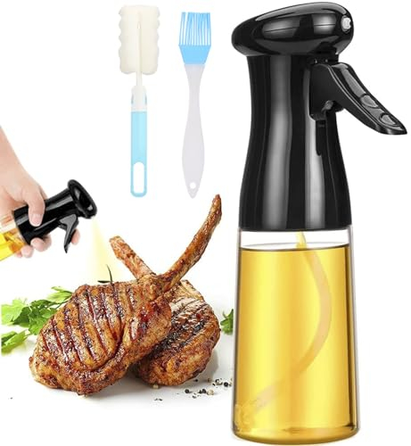 ACEMOOW Oil Spray Bottle 200ml, Refillable Transparent Olive Oil Sprayer Dispenser with Silicone Brush, Vinegar Mister Gadgets for Kitchen Cooking Air Fryer BBQ Grilling Baking Salad, Black