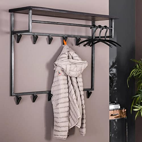 RINGO-Living Wandgarderobe mit 12 Haken & Ablage, Kleider Garderobe Flur aus Schwarz Matt, rustikale Wandregal Garderobe, Garderobe Massivholz, stylische Kleidergarderobe Flur, Hängeregal Industrial