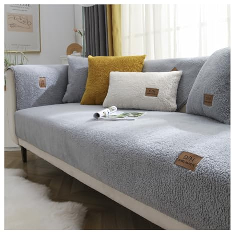 Tauzveok Lammsamt Sofa überzug, Sofaschoner rutschfest, Winter Dicke couchbezug, Für L Form/U Form/Ecksofa Sofabezug 3 4 2 1 Sitzfläche, Tier Couchbezug,Grau,70 * 150cm
