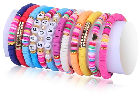 LEGENTLISUR 12 Stück Preppy Armbänder Set Inspirierende Armband mit Spacer Beads Gold Heishi Stackable Bracelets Regenbogen Love Happy Armbänder Set Sommer Strand Bohemian Schmuck für Frauen Mädchen