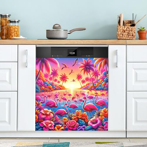 Hot Pink Tropical Flamingos Dishwasher Magnet Covers Decorative Kitchen Panel Decal Cute Magnetic Refrigerator Sticker 23 x 26 Inches