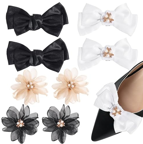 Coiris 4 Pairs Shoe Clips for Women Dress Shoes Rhinestone Flowers Black White Peal Bow Shoe Clips Pearl Exquisite Shoe Charms Lace Floral Shoe Accessory for Wedding Pointed Toe Pumps(XK0001)