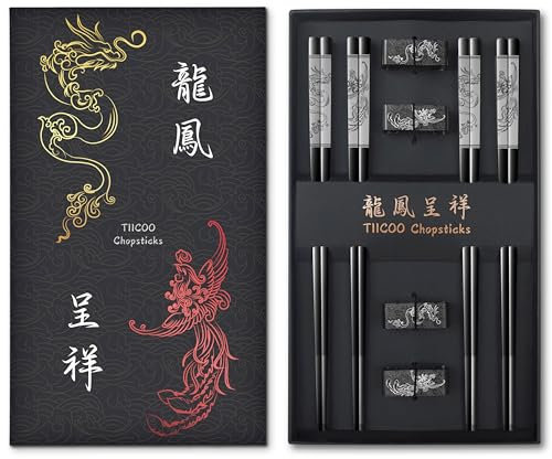 Metall Essstäbchen Wiederverwendbare 18/8 Edelstahl Essstäbchen Chinesische Drachen und Phoenix Essstäbchen mit Halter Chinesische Traditionelle Stilvolle Geschenk-Set (4 Paare - Schwarz)