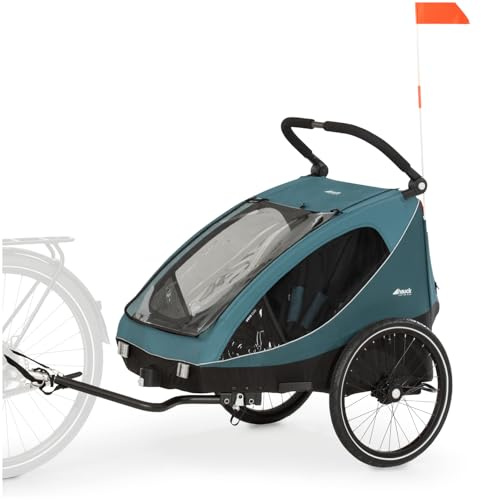 hauck Dryk Duo, Ocean Green - Rimorchio Bici e Passeggino 2in1 per 2 Bambini daa 6 Mesi fino a 22 kg o 120 cm, per Gemelli o Fratelli, Pieghevole con Ampio Spazio, per Bicicletta, E-Bike e Pedelec