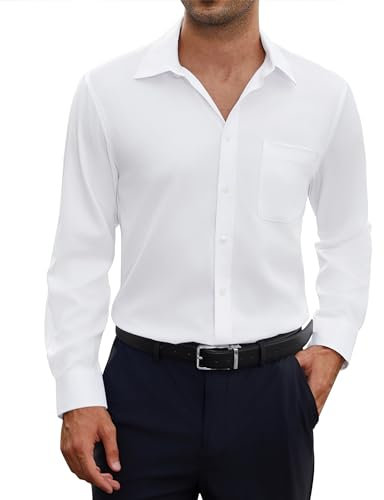 siliteelon Mens Shirts White Long Sleeve Smart Casual Stretch Formal Dress Shirt with Pocket for Men Work Wedding Graduation Shirts M