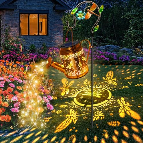 Solar Lights Outdoor Garden Decor, Dragonfly Hanging Watering Can Landscape Lights Waterproof Yard Decorations for Outside Porch Patio Backyard, Gardening Gift for Mom Grandma Women Birthday