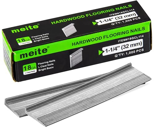 meite Clavos de piso de calibre 18, clavos de tacos en L de 1-1/4 pulgadas 18GA para instalación de madera dura, compatibles con clavadoras de suelo de 18GA (1000 unidades)