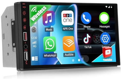 CAMECHO Double Din Car Stereo with Wireless Carplay Android Auto, 7 IPS Touchscreen Car Radio Support YouTube Mirror Link, 2 Din Head Unit with Bluetooth FM EQ SWC/USB/AUX Digital Media Receiver