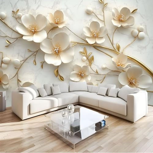 JEDTAKCT 350X256Cm Seidetapete 3D Blumentapete Elegance Tapete Im Luxus Marmor Design Tapete Wandtapete Wohnzimmer Schlafzimmer Flur Strukturtapete