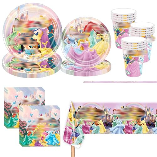 Lot de 81 vaisselle de fête d'anniversaire princesse - Avec assiettes, gobelets en carton - Serviettes roses - Décoration d'anniversaire pour fille