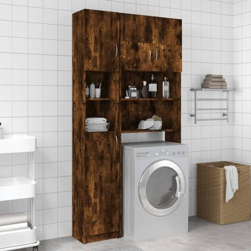 Gecheer Armadietto Bagno Rovere Fumo 32x25,5x190 cm Legno Multistrato,Scaffale Sopralavatrice,Scaffale per Lavatrice con Ripiani,Scaffale Salvaspazio,Mobile Bagno Salvaspazio,Mobile sopra Lavatrice