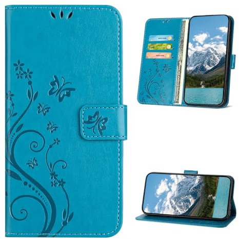 XINQCASE Handyhülle für iPhone 14 / iPhone 13 Hülle, PU Leder Prägung Klapphülle Mit Kartenfach, Flip Case Schutzhülle für iPhone 14 / iPhone 13, Blau
