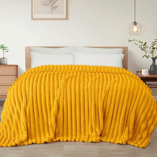 Exclusivo Mezcla Kuscheldecke Flauschig Flanell Decke 230 x 270 cm | Atmungsaktiv, Leicht, Weich, Sofadecke Tagesdecke Bettüberwurf Wohnedecke für Ganzjahreszeit, Senfgelb