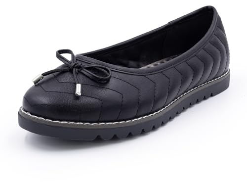 Cushion Walk Women's Black EEE Extra Wide Fit Chunky Ballet Flats Shoes | Vegan faux leather, comfortable cushioned insole, chunky non-slip sole, faux welted, bow trim, chevron pattern, work & office