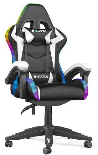 Racingreat LED Gaming Stuhl mit RGB-Lichtleiste (Weiß) | Gaming Chair RGB, Kopfstütze Lendenwirbelstütze, Höhenverstellbar 90°–135° Neigungswinkel, Junge Erwachsene Büro Pause