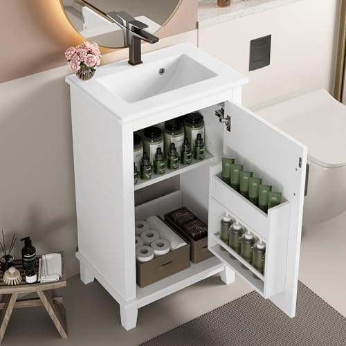 YuQozii Mueble de baño de pie, tocador completamente lacado, estantes de puerta, estantes ajustables, lavabo de cerámica integrado, apto para espacios pequeños (blanco)