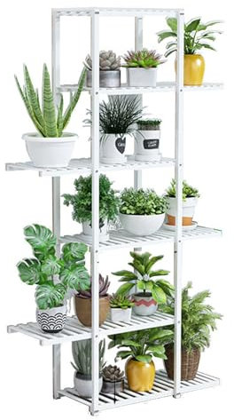 Escalera de bambú de 6 niveles, estante alto de esquina para uso en interiores y exteriores, estante de exhibición perfecto para múltiples plantas y flores, ideal para sala de estar, balcón