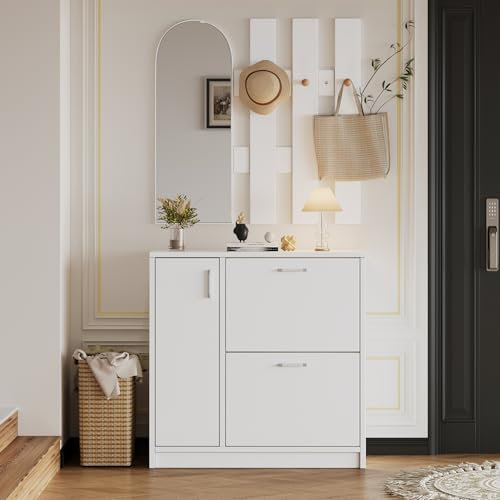 Kebnor Zapatero con puertas abatibles para pasillos pequeños, juegos de perchero con espejo y ganchos, zapatero, zapatero, estante de salón, 2 puertas plegables y una puerta corredera