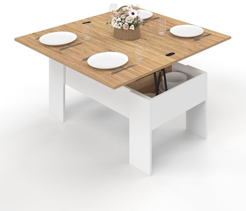 IDMarket – Mesa de centro rectangular con bandeja elevable convertible en mesa de comedor Tara de madera blanca e imitación de haya