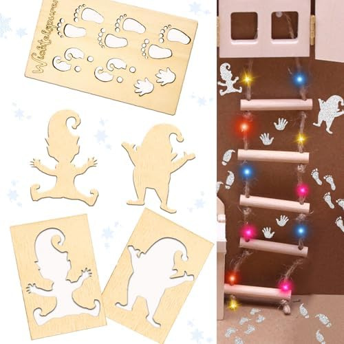 owlfun Wichtel Zubehör Weihnachten,Strickleiter Wichteltür Set Fußabdrücke Wichtelhaus Weihnachten Schablone Wichteltür Mit Licht，LED Weihnachtsdeko Wichtelzubehör