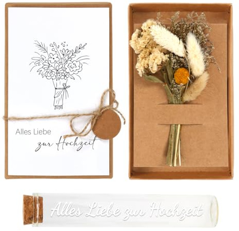Hochzeit Geldgeschenk Set,Geldgeschenk hochzeit,Trockenblumen Hochzeitskarte Reagenzglas Hanfseil, Kraftpapierkarte，Hochzeitsgeschenke für Brautpaar Verlobung Hochzeitstag