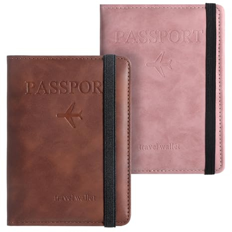 2 Stück Reisepasshülle Passport Cover mit RFID-Blocker Kunstleder Passport Holder für Herren Damen Reisepasshülle für Reisepässe, Personalausweise, Bordkarten, Reisedokumente, Banknoten (Braun, Rosa)