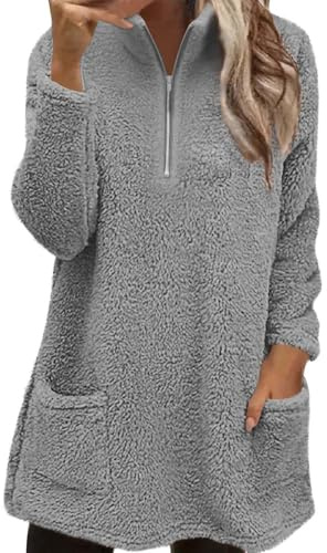 CGGMVCG Fleece Sweatshirts für Damen Rollkragen Herbst Winter Warmer Pullover Übergröße Tunika Pullover mit Taschen