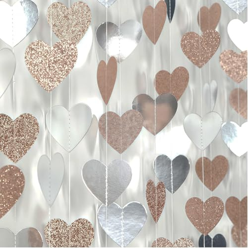 VelvetGlow Disco Boho Party Herz Girlande - 52ft Champagner-Silber Glitzer Hintergrund Luftschlangen für Geburtstag, Silvester, Hochzeit, Verlobung, Junggesellenabschied Dekor