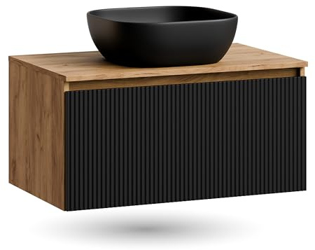 Planetmöbel - Set di mobili da bagno, composto da mobile sottolavabo da 80 cm in oro, rovere nero (con nervature), lavandino da 42 cm nero, incluso sifone salvaspazio
