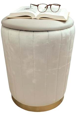 Relaxdays Hocker Samt, Sitzhocker mit Stauraum, gepolstert, HxD: 42 x 32 cm, runder Beistellhocker, Wohnzimmer, beige | HxD: 42 x 32 cm, runder Beistellhocker, Wohnzimmer