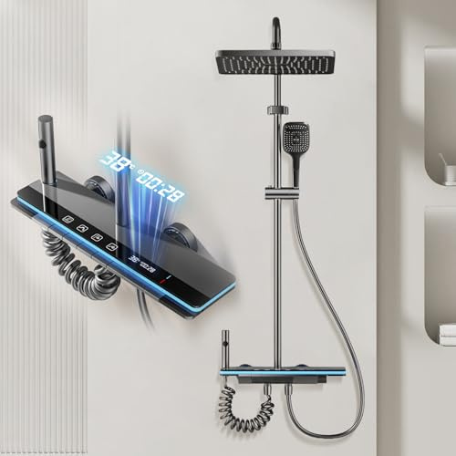 Umisu Columna de Ducha con Pantalla LED Digital, Sistema de Ducha con Luz de Ambiente, Ducha de Mano Ajustable en Altura, 4 Tipos de Chorros, Conjunto de Ducha de Pared Tipo Piano, Gris