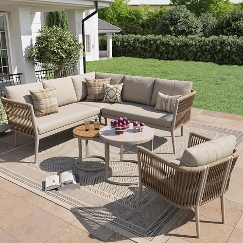 Yrxin Set da giardino per 5-6 persone, grande set di divani, per esterni, in corda da 6 pezzi, con panca impermeabile e set di cuscini, set di divani angolari modulari per terrazze, balconi (beige, 6