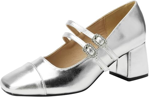 Mary Janes silverpumps med fyrkantig tå för examen och gala blanka mellanklackade minimalistiska skor