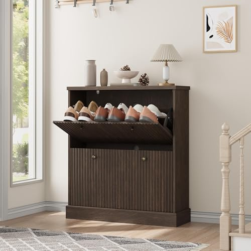 GarveeMore Schuhschrank Schmal, Schuhregal Mit 2 Klappen, Schuhkipper Mit Trennwände Verstellbar Und Abnehmbar, Schuhkommode Schuhschrank Holz Für Den Eingang, Flur, Wohnzimmer, 80x25x90cm