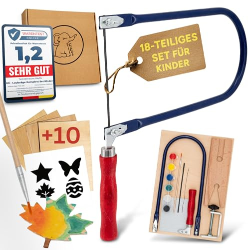 Eli® Laubsäge für Kinder inkl. 14 Sperrholzplatten - Set für Laubsägen | kreative Vorlagen & Schablonen - Laubsägeplatten - Farben - Pinsel - Schleifpapier - Holz - Geschenkidee Junge und Mädchen