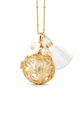 creabibenval Bola de Grossesse Arbre de Vie Doré Or rose – Collier Femme avec Fleur Nacrée, Perle d’Eau Douce et Pompon Blanc – Bijou Future Maman Cadeau Grossesse Élégant