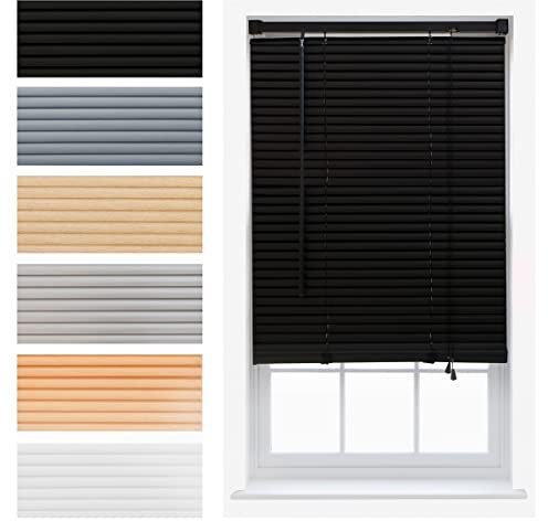 FURNISHED Venetian Blinds Window Venetian Blind Easy Fit PVC Shutters Trimmable Shades for Home Kitchen Windows Treatment Shutters 25mm Slats Complete Child Safe Fittings - Black 45W x 150L cm