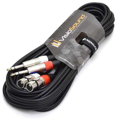 2x Female XLR to 6.35mm 1/4 Stereo TRS Jack Cable Twin Lead (Black, 5m) | Noiseless OFC Balanced Signal, Audio, Patch Cable / 5 Colours