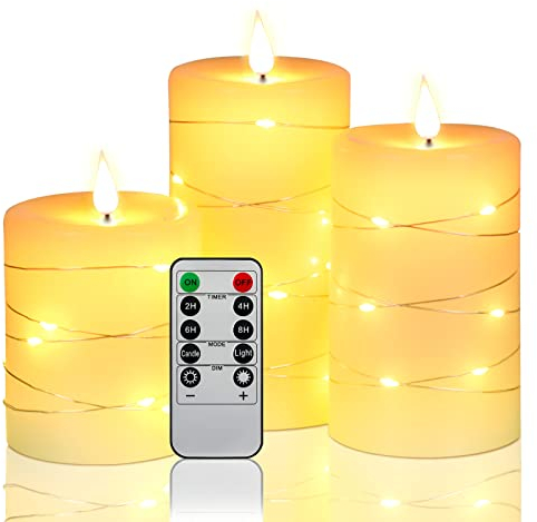 Da by LED Kerzen, mit eingebetteten Lichterketten, 3-LED-Kerzen, mit 10-Tasten-Fernbedienung, 24-Stunden-Timer-Funktion, tanzender Flamme, echtem Wachs, batteriebetrieben.