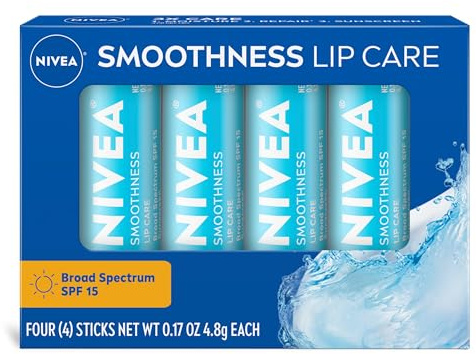 NIVEA Smoothness Lip Care, Sunscreen Lip Balm with SPF 15 Broad Spectrum, Shea Butter, Nourishing Oils and Vitamin C & E, 3-in-1 Moisture, Repair and Sunscreen, 0.17 Oz Stick, Pack of 4