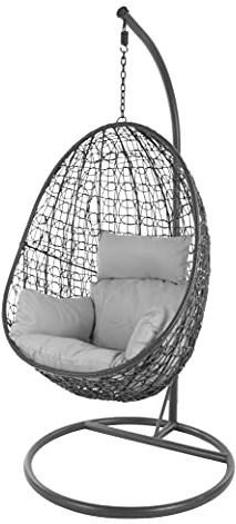 KIDEO Komplettset: Hängesessel mit Gestell & Kissen, Korbsessel, Poly-Rattan (Gestell- und Korbfarbe: dunkelgrau, Kissen: grau Nest (8008 Cloud))