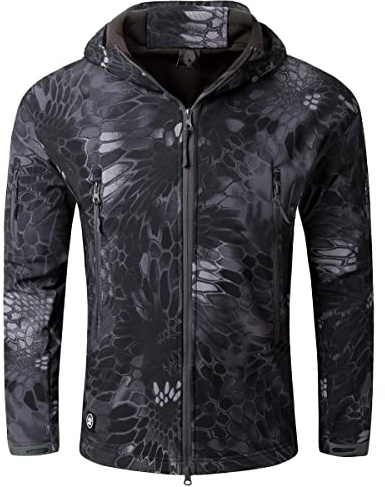 Machbaby Herren Softshelljacke Taktische Feldjack Fleecefutter Wasserdicht Warme Outdoorjacke Winter Armeejacke Windbreaker Jacke mit Kapuze(2XL,Tarnung schwarz)