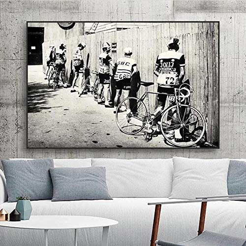 Schwarz-weißes Fahrrad Radfahrer Leinwand Gemälde Fahrrad Vintage Drucke und Poster Wandkunst Bilder für Wohnzimmer Dekor 30x40cm(12x16in) mit Rahmen