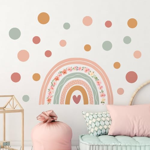 Tanlaby Großer Regenbogen Wandtattoo Boho Punkte Wandsticker Rosa Blume | Wandaufkleber für Mädchen Frauen Babyzimmer Wohnzimmer Schlafzimmer Kinderzimmer Hause Wanddekoration