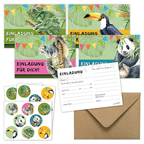 younikat 12 Einladungskarten Set Kindergeburtstag Dschungel-Tiere - dv1165 | mit Umschlägen, mit Aufklebern, beschreibbare Rückseite, matte Oberfläche