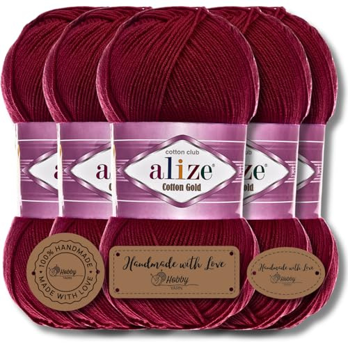 Hobby YARN 3x Etikettenlabel mit Alize Cotton Gold Wolle Premium 5x100g als Set, Yarn, Garn, Sommerwolle, Baumwolle, Strickgarn, Einfarbig, Baby, Kleidung, Schals (Burgundy - 57)