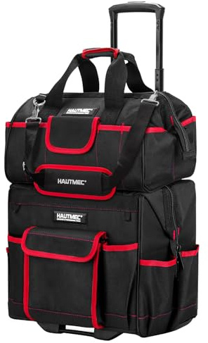 HAUTMEC 2-Piece Rolling Tool Bag Set, 14.5 Tool Bag on Wheels & 15 Wide Mouth Toolbag with Padded Adjustable Shoulder Strap, Heavy-Duty Tool Box with High-Density Oxford, Off-Road Wheel – HT0288