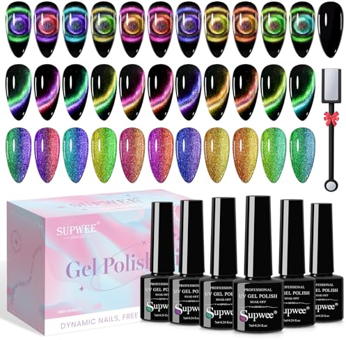 SUPWEE Cat Eye UV Gel Nagellack 12 Farben 9D Chamäleon Holografisch Gel Nagellack Set mit Magnetstiften Katzenaugen Magnetisch Maniküre Nail Art Salon Gellack